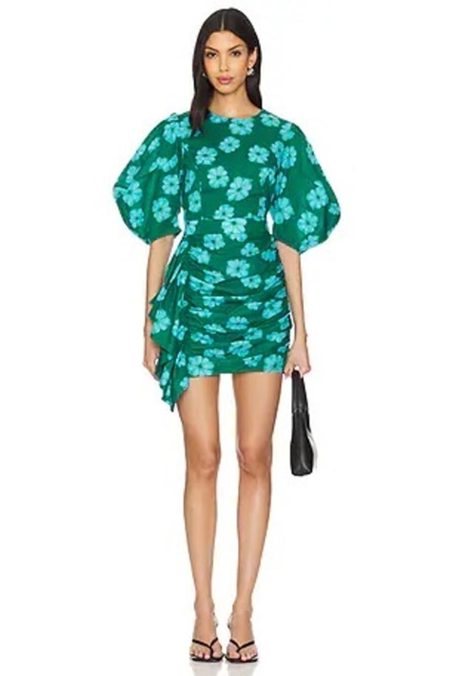 Rhode Pia Dress Forest Bombay Bloom Green Blue Floral Ruffle Mini Dress 4 NEW